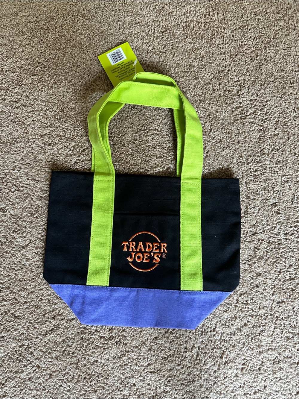 Trader Joe's Black Tote with Neon Green Handles and Purple Base